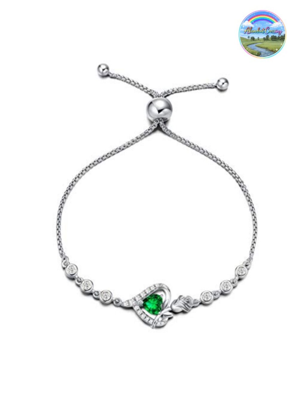 Sterling Silver Tennis Bracelet with Created Emerald Heart Pendant, Adjustable,